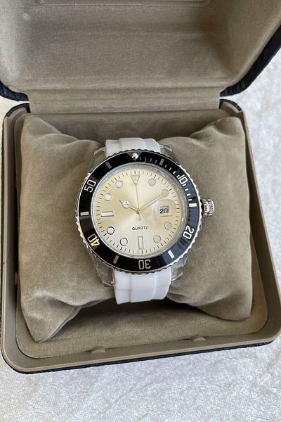 Leerybee Special Boxed with Calendar Model Hard Plastic Case White Silicone Cord Men's Wristwatch Gift