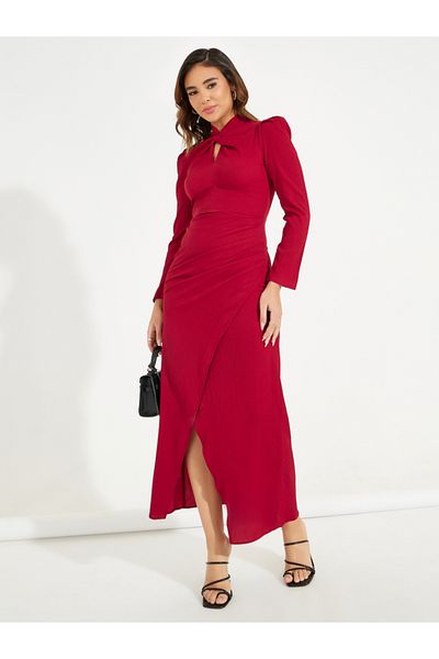 Styli Solid Mock Wrap Front Slit Maxi Dress