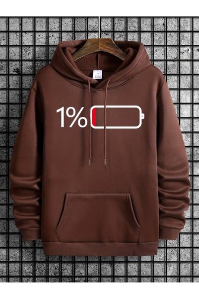 PALPİTO Unisex Brown 1% Battery Printed 3 Thread Hooded Hoodie Sweatshirt