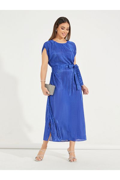 Styli Plisse Cap Sleeves Shift Midi Dress