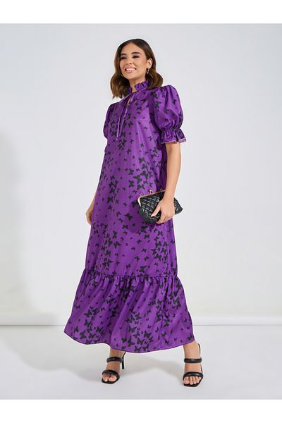 Causey By Styli All Over Butterfly Print Tie-Up Neck Maxi Dress