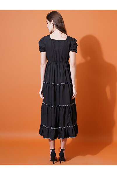 U&F By Styli Embroidery Detail Puff Sleeve Tiered Midi Dress