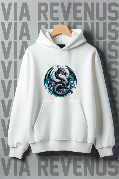 Vordevia Світла худі з капюшоном і принтом дракона - 3 нитки шардоне, кишеня-...