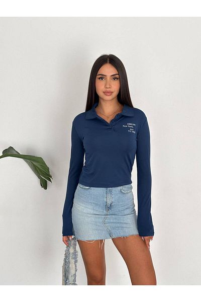 Noa Noa New York Printed - Lettered Collar Long Sleeve Crop Sweatshirt