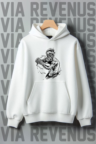 Vordevia سويت شيرت أبيض بغطاء للرأس - طباعة مقاتلة بقصة واسعة، جيب الكنغر بثل...