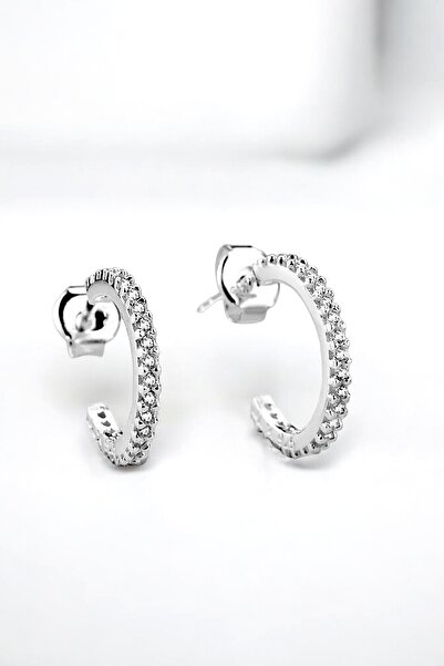 jelux silver Gümüş 925 Ayar 15 Mm Yarım Tur Zirkon Taşlı Küpe