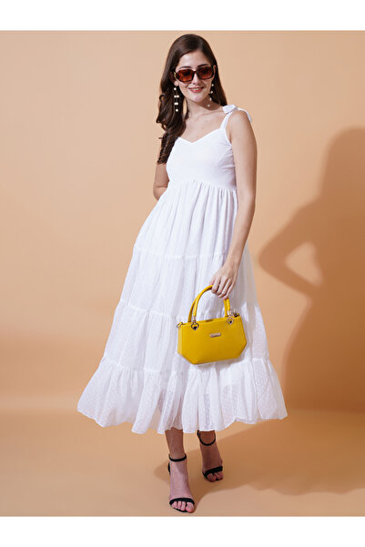 U&F By Styli Dobby Sweetheart Neck Tiered Midi Dress