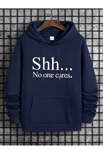 PALPİTO Тъмносин унисекс суичър с качулка - щампа Shh Cares, 3 нишки