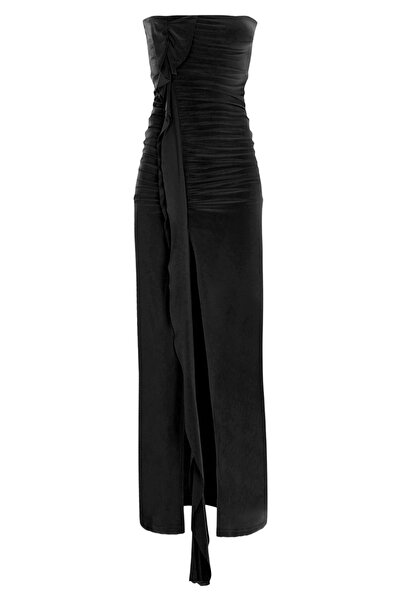 Whenever Company Siyah Straplez Drapeli Önden Uzun FırFır ve Derin Yırtmaçlı ...