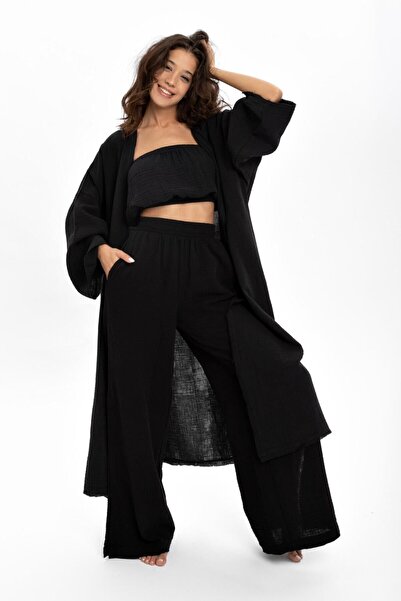 Husufi Kadın %100 Pamuklu Siyah Holly Uzun Kimono
