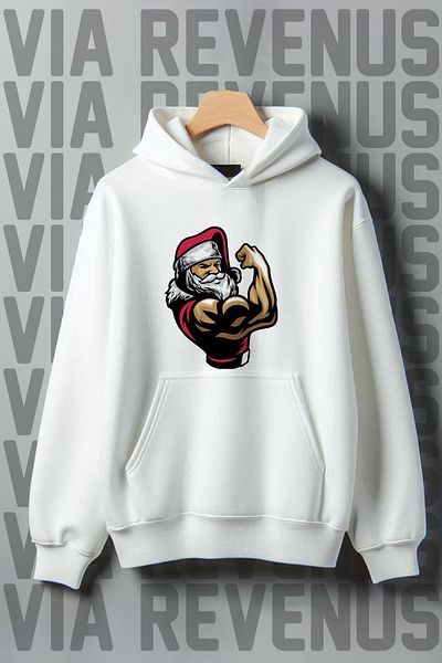 Vordevia Santa Printed Gym Kangaroo Pocket Oversize Hooded Sweatshirt - 3 Thread Raster