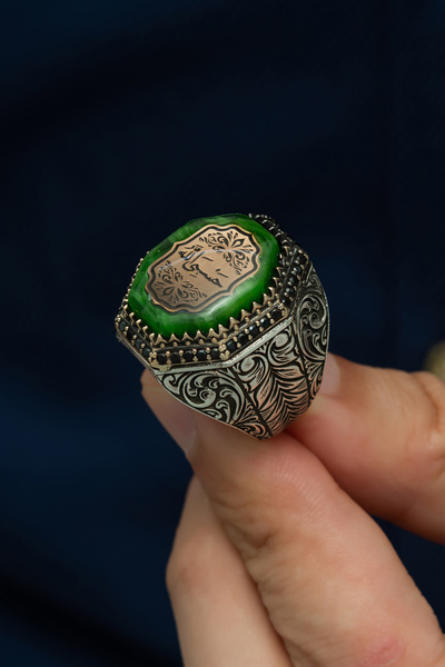 ALYANSEVİM Hasbiyallah Yazılı Yeşil Taşlı 925 Gümüş Erkek Yüzük