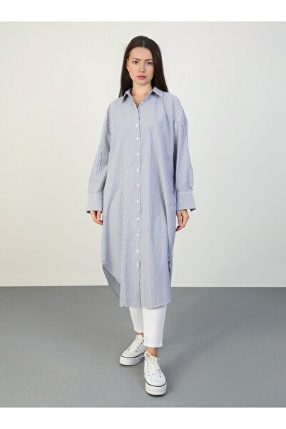 Benin Navy Blue Striped Oversize Cotton Poplin Tunic Shirt - Benin