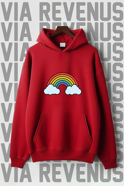 Vordevia Rainbow Printed Kangaroo Pocket 3 Thread Raster Oversize Wide Fit Hooded Sweatshirt