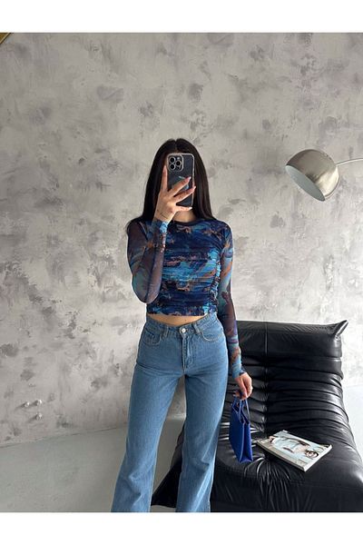 jöns since 1997 Bluză Crop din tul albastru adunat de damă