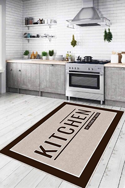 Viva Home Bej Kaymaz Tabanlı Kitchen Yazılı Mutfak Halısı Yolluk VH098