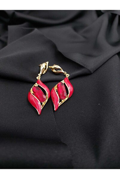 JEWELRY Kırmızı Sallantılı Abiye Altın Kaplama Küpe