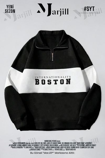 Marjill Imprimat Boston - Hanorac cu jumătate de fermoar cu 3 fire alb-negru