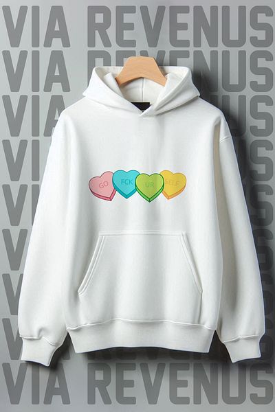 Vordevia Colorful Heart Printed Kangaroo Pocket 3 Thread Raised Oversize Wide Fit Hooded Sweatshirt