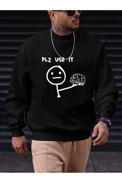 PALPİTO Мъжки черен суитшърт с щампа Plz Use It и овъглено деколте
