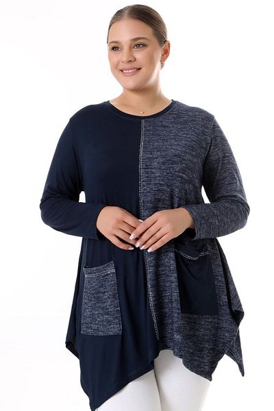 Kheos Double Color Blocked Stone Embroidered Round Neck Long Sleeve Asymmetrical Tunic Blouse