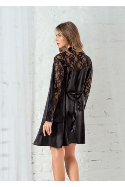Angels Story Set cămașă de noapte și halat din satin negru din 2 piese - Dantela 1700