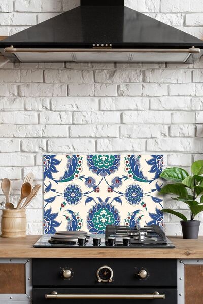 Decovetro Ocak Arkası Koruyucu Mavi Çini Desenli 60x52cm