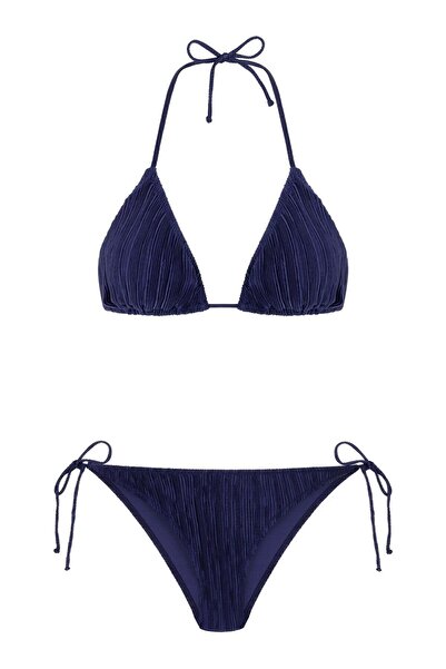 AQUELLA Pleated Navy Blue Triangle Bikini Set