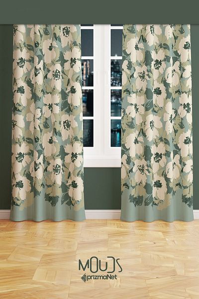 Moud's Suede Green Flower Patterned Living Room - Living Room Background Printed Curtain, Extrafor Drawstring 2 Sashes - Prd-1037