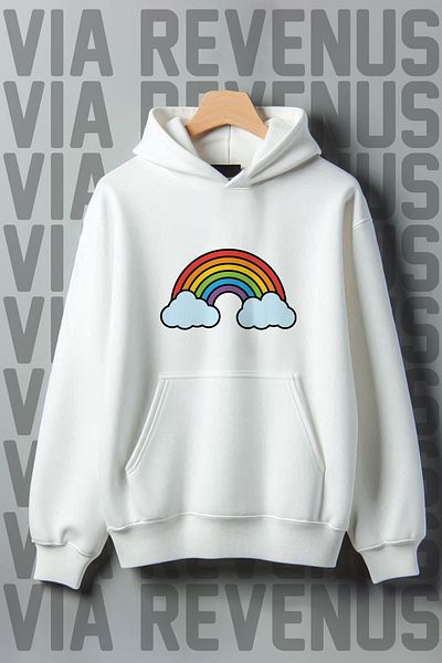 Vordevia Rainbow Printed Kangaroo Pocket 3 Thread Raster Oversize Wide Fit Hooded Sweatshirt