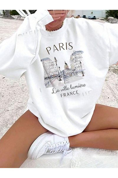 PALPİTO White Paris Street Printed Oversize Women's Sweatshirt - Crew Neck