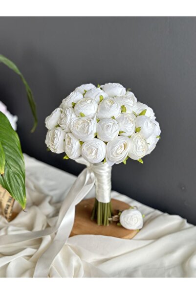 Luvienn Premium Şakayık Gelin Buketi- Kırık Beyaz Gelin Çiçeği-Damat Yaka Çiç...
