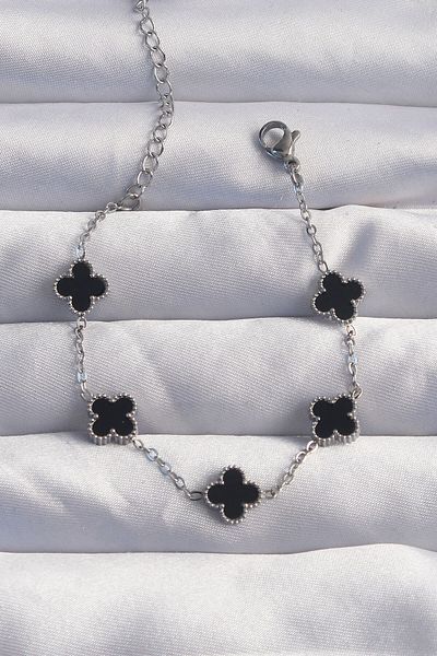 Moka Shopin Mokashopin 316l Black Silver Colored Steel Baby Bracelet - Enameled Clover