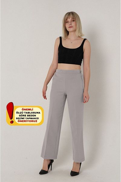 Mogi Butik 3002 Gray Palazzo Woven Women's Pants with High Waist Pockets