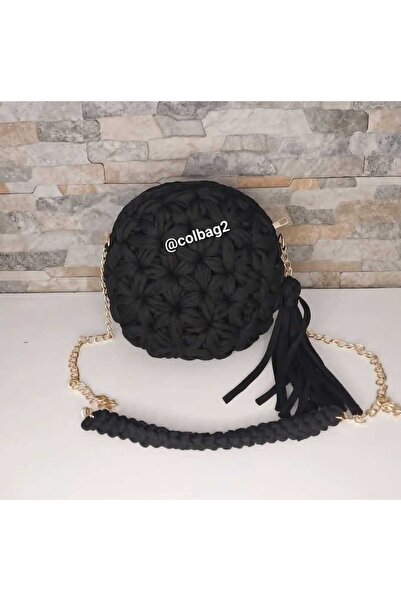 KRİSTAL ÖRGÜM Çiçek Desen Makaron Model El Örgüsü Çanta
