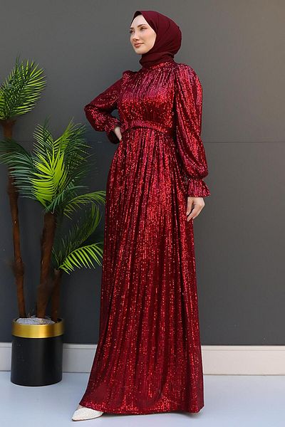 GİZ AGİYİM Burgundy Butterfly Evening Dress - Sequin Detailed