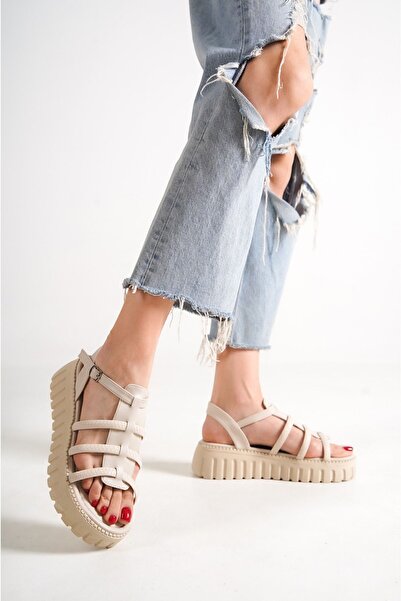 DENİZLİFE Miami Beige High Sole Side Buckle Open Front Summer Women's Sandals...