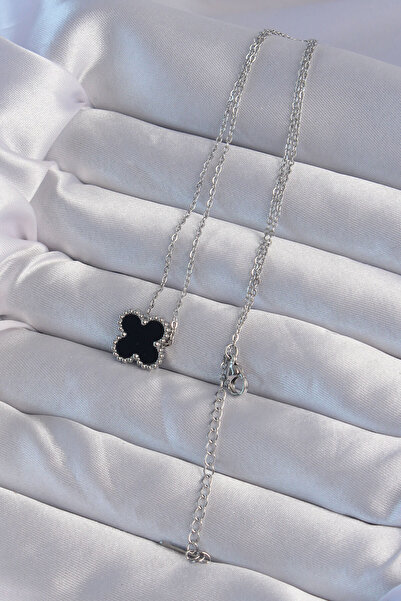 Clariss Silver Color Black Enamel Clover Necklace (316L Steel)