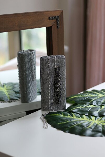 Moom Bag Women's Silvery Platinum Evening Dress Bag with Stone Holding Detail