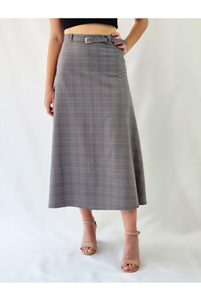 YAXİ FUSTA ȚESUTĂ în carouri, LUNGIME MIDI, CU DETALIU DE CREAȚĂ