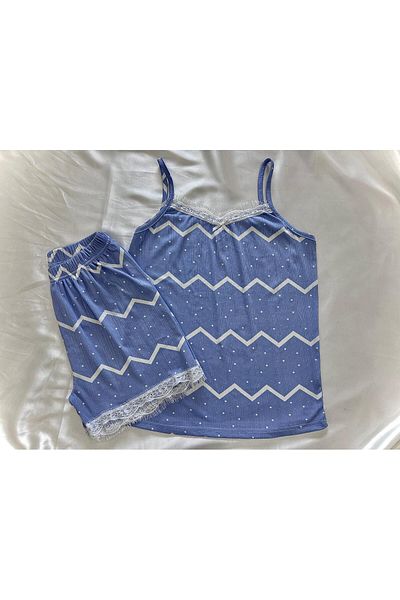 Sude HOMEWEAR Blue Color Line Polka Dot Printed Lace String Strap Women's Pajama Set with Shorts