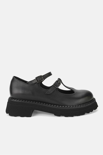 TUNAELLİ Black Genuine Leather - Double Banded Buckle Women's Shoes