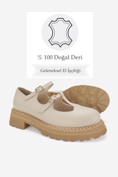 TUNAELLİ Beige Women's Shoes - Genuine Natural Leather, Double Straps and Buckles
