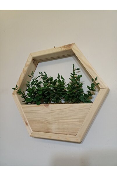 ViraHome Lüks Dekoratif Ahşap Altıgen Duvar Saksısı Yapay Çiçek Dahil Taş Yosunlu Saksılık Duvar Dekorasyon