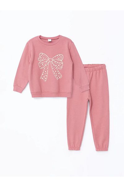 LC Waikiki Lcw Baby - Pink Crew Neck Printed Sweatshirt and Sweatpants Set Set of 2