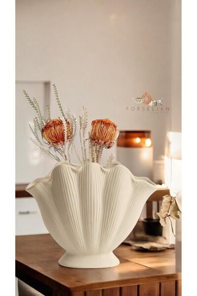 Porselian El Yapımı Bohem İstiridye Vazo 30x24 cm – Modern Ev Dekorasyonu & H...