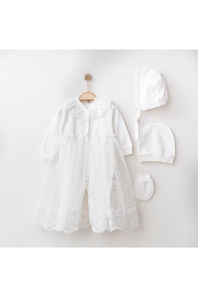 Minimus Newborn Baby Girl Mevlüd Jumpsuit Cotton Lora Hat Skirt Tulle Baby Set Ecru Hospital Exit