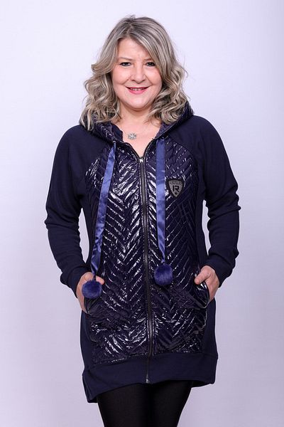 Hitit Butik Women's Navy Blue Patent Leather Quilted Cardigan