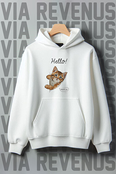 Vordevia Світла кофта з капюшоном і принтом білого кота - 3 нитки, шардоне, к...