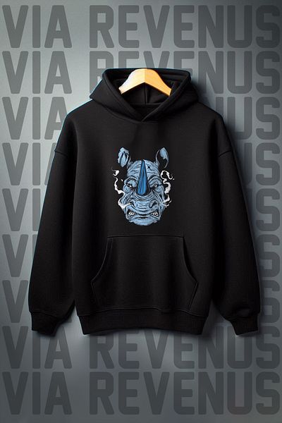 Vordevia Rhino Pattern - Oversize Hooded Sweatshirt with 3 Thread Kangaroo Pocket